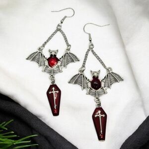 Gothic Bat Coffin Iridescent Red Heart Dangle Earrings Chandelier Silver Jewelry